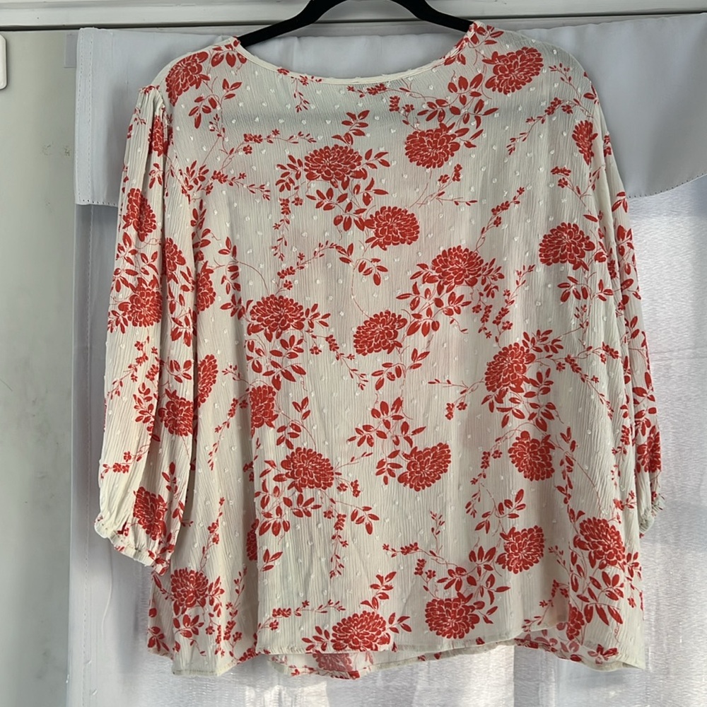 Papermoon Orange Cream Keyhole Blouse XXL Floral Top 3/4 Sleeve Crinkle EUC Boho - Picture 3 of 6